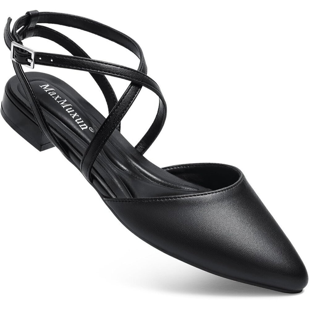 🆕Women's Black Pointed Toe With Adjustable Ankle Strap Dressy Slingback Flats